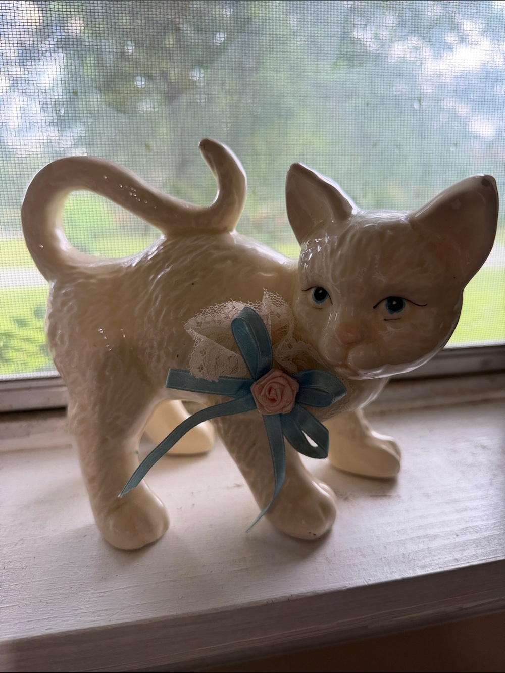 Ceramic Kitten with Ribbon Decor